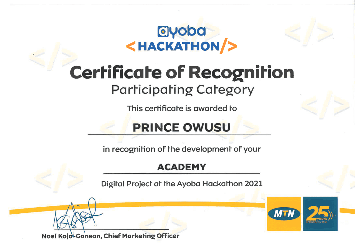 Winner of MTN Ayoba Hackathon Certificate